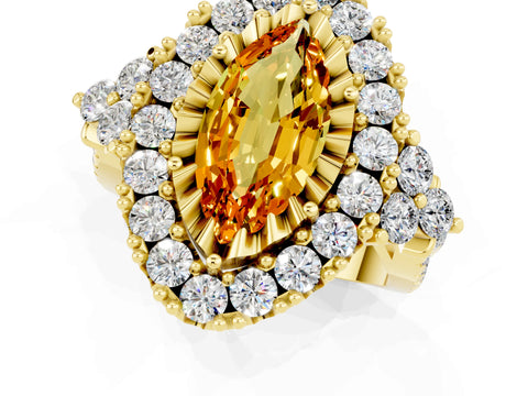 Yellow gold Marquise Cut Citrine Halo Ring with Pavé Band and Four-Prong Setting_13