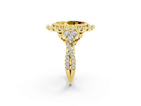 Yellow gold Marquise Cut Citrine Halo Ring with Pavé Band and Four-Prong Setting