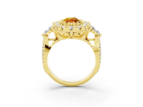 Yellow gold Marquise Cut Citrine Halo Ring with Pavé Band and Four-Prong Setting_15