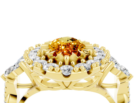Yellow gold Marquise Cut Citrine Halo Ring with Pavé Band and Four-Prong Setting_16