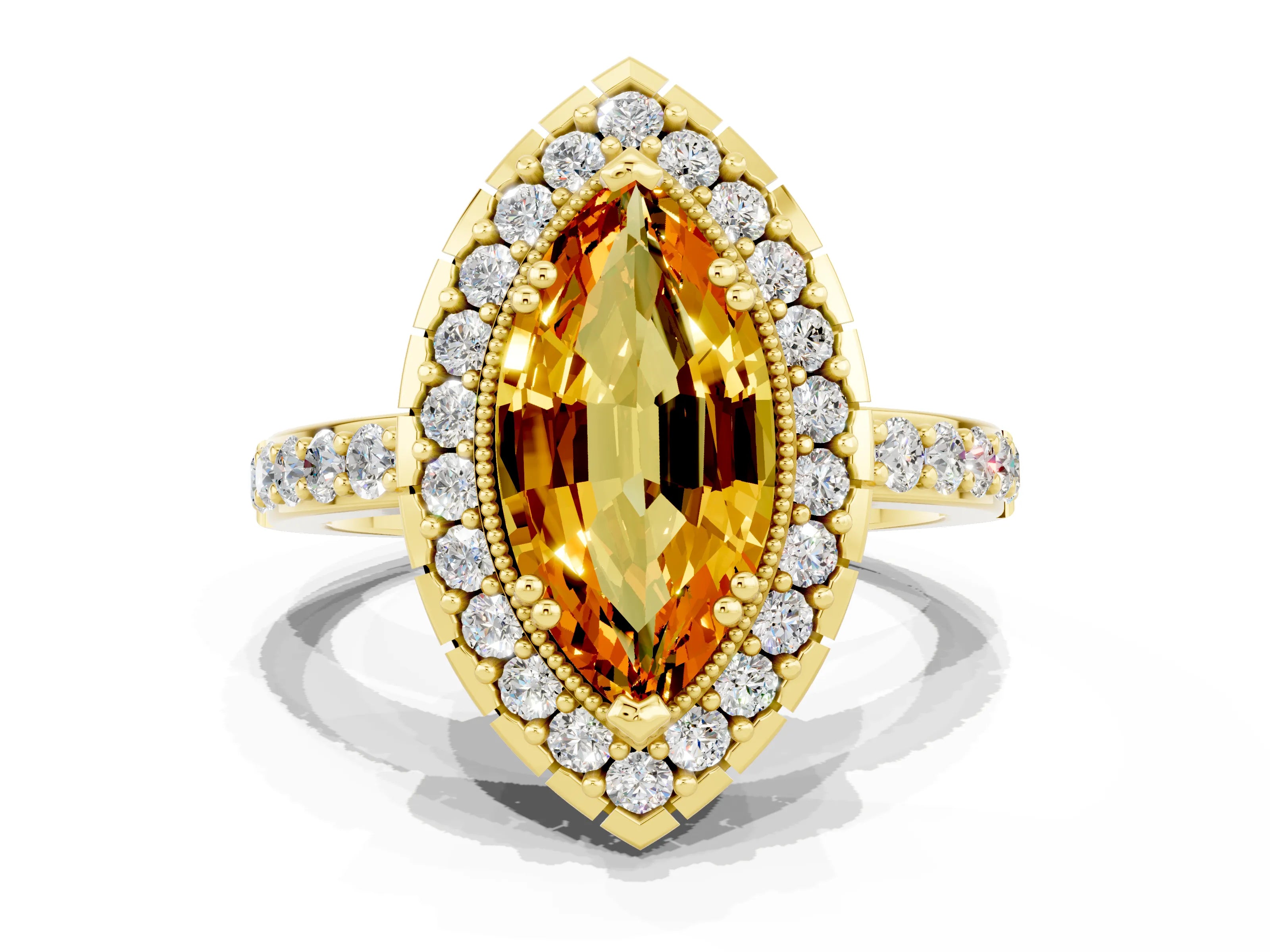 Yellow gold Marquise Cut Citrine Halo Ring with Pavé Band and Prong Setting