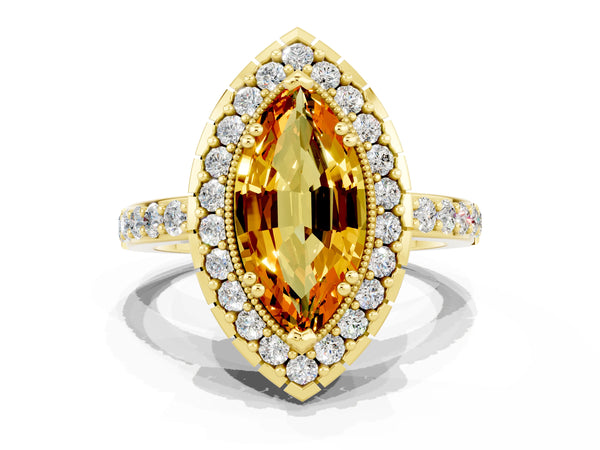 Yellow gold Marquise Cut Citrine Halo Ring with Pavé Band and Prong Setting