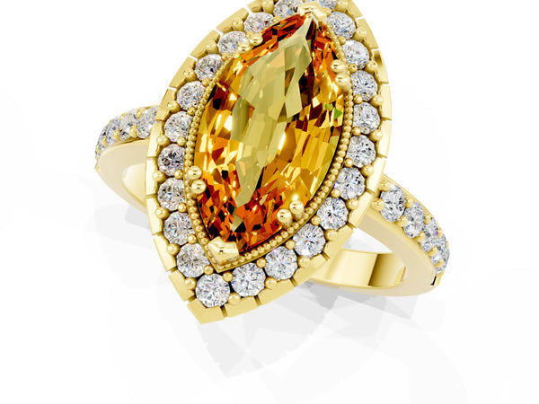 Yellow gold Marquise Cut Citrine Halo Ring with Pavé Band and Prong Setting