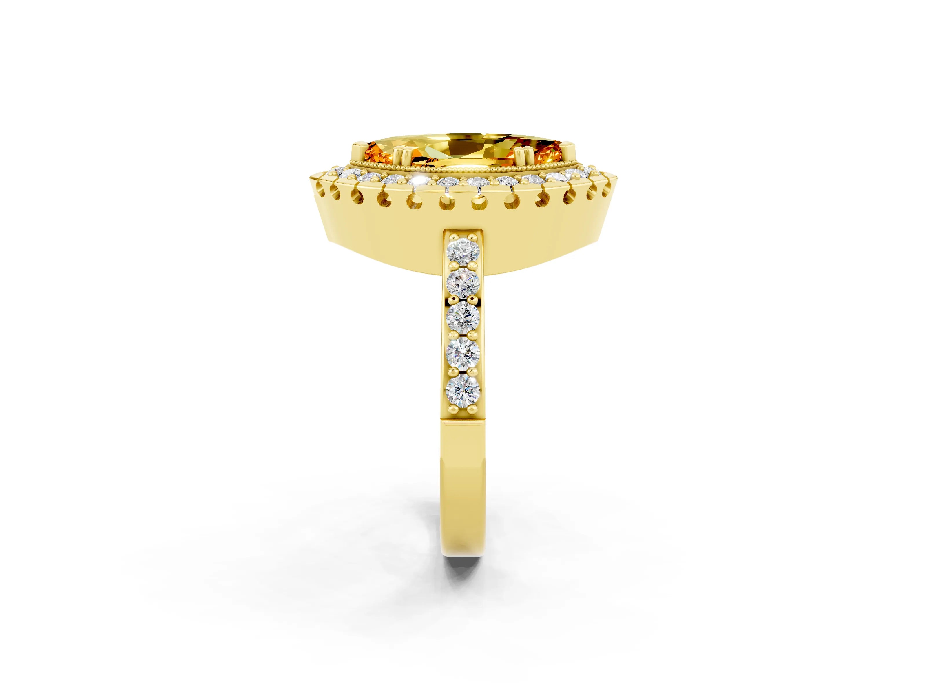 Yellow gold Marquise Cut Citrine Halo Ring with Pavé Band and Prong Setting_2