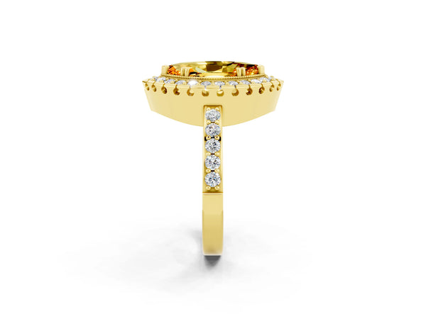 Yellow gold Marquise Cut Citrine Halo Ring with Pavé Band and Prong Setting