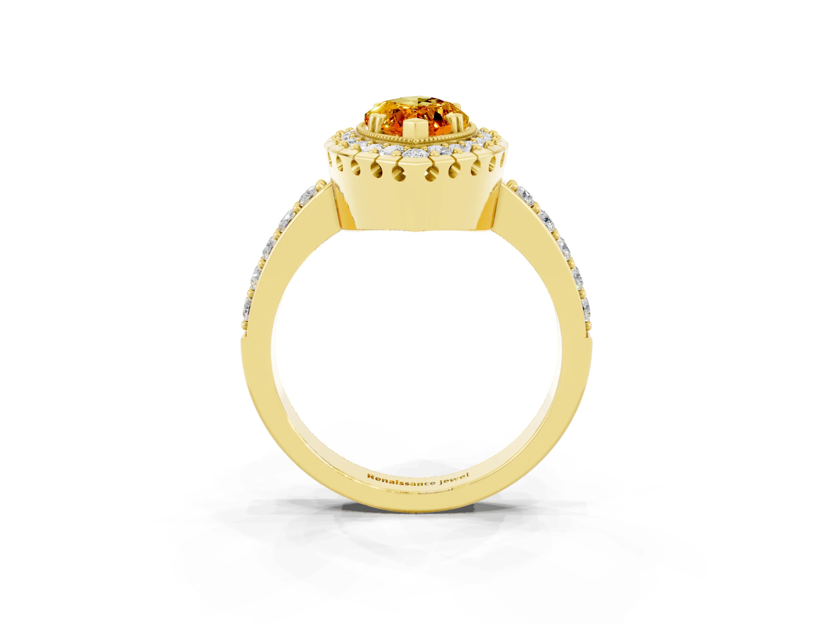 Yellow gold Marquise Cut Citrine Halo Ring with Pavé Band and Prong Setting_3