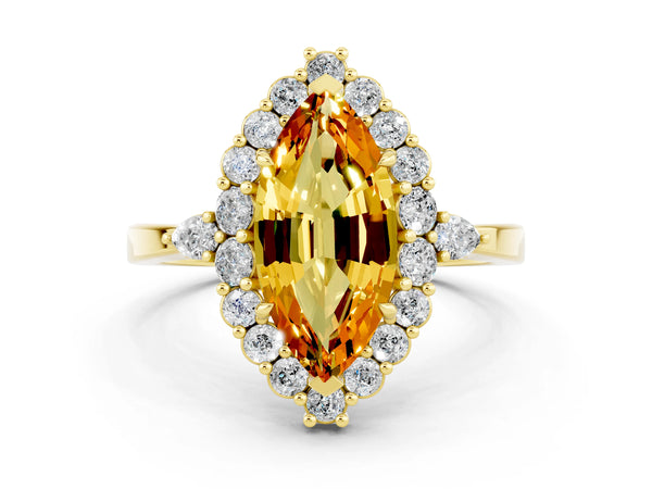 Yellow gold Marquise Cut Citrine Halo Ring with Pear Side Stones and Prong Setting