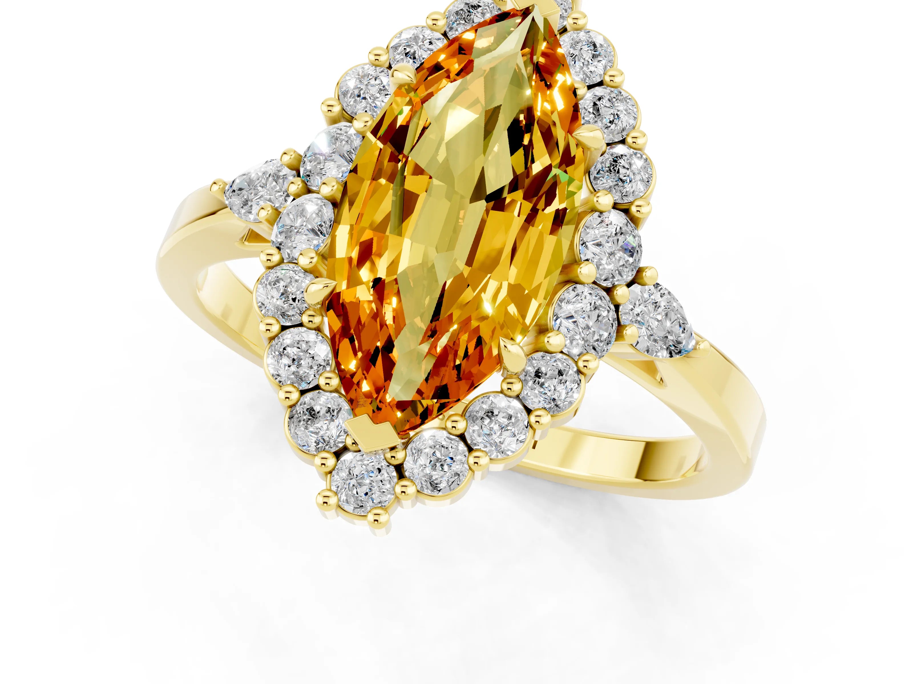 Yellow gold Marquise Cut Citrine Halo Ring with Pear Side Stones and Prong Setting_13