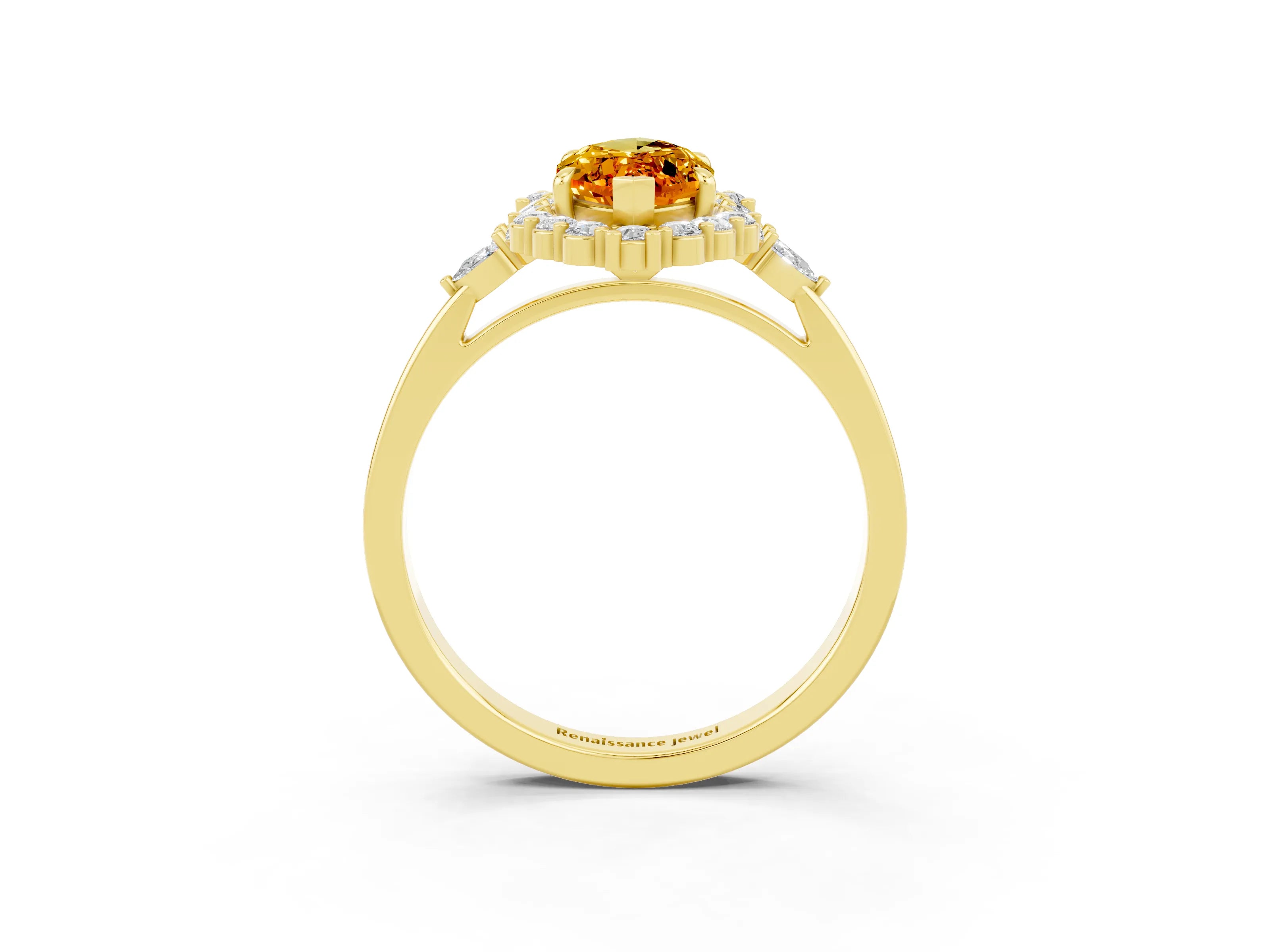 Yellow gold Marquise Cut Citrine Halo Ring with Pear Side Stones and Prong Setting_15