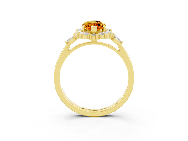 Yellow gold Marquise Cut Citrine Halo Ring with Pear Side Stones and Prong Setting
