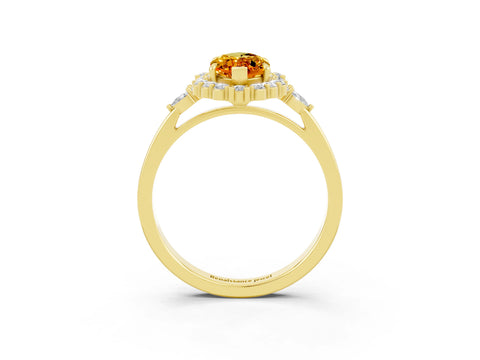 Yellow gold Marquise Cut Citrine Halo Ring with Pear Side Stones and Prong Setting_15