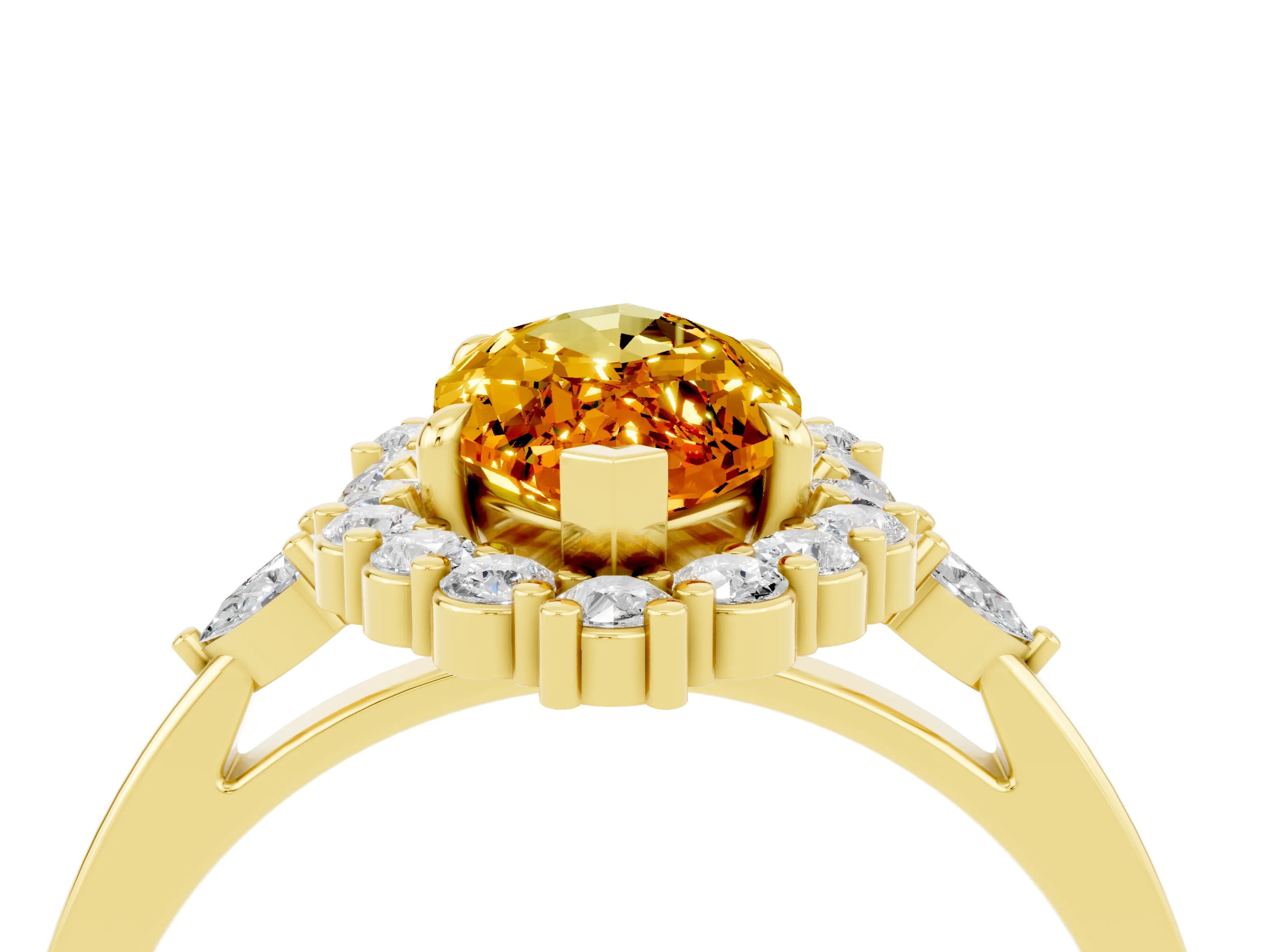 Yellow gold Marquise Cut Citrine Halo Ring with Pear Side Stones and Prong Setting_16
