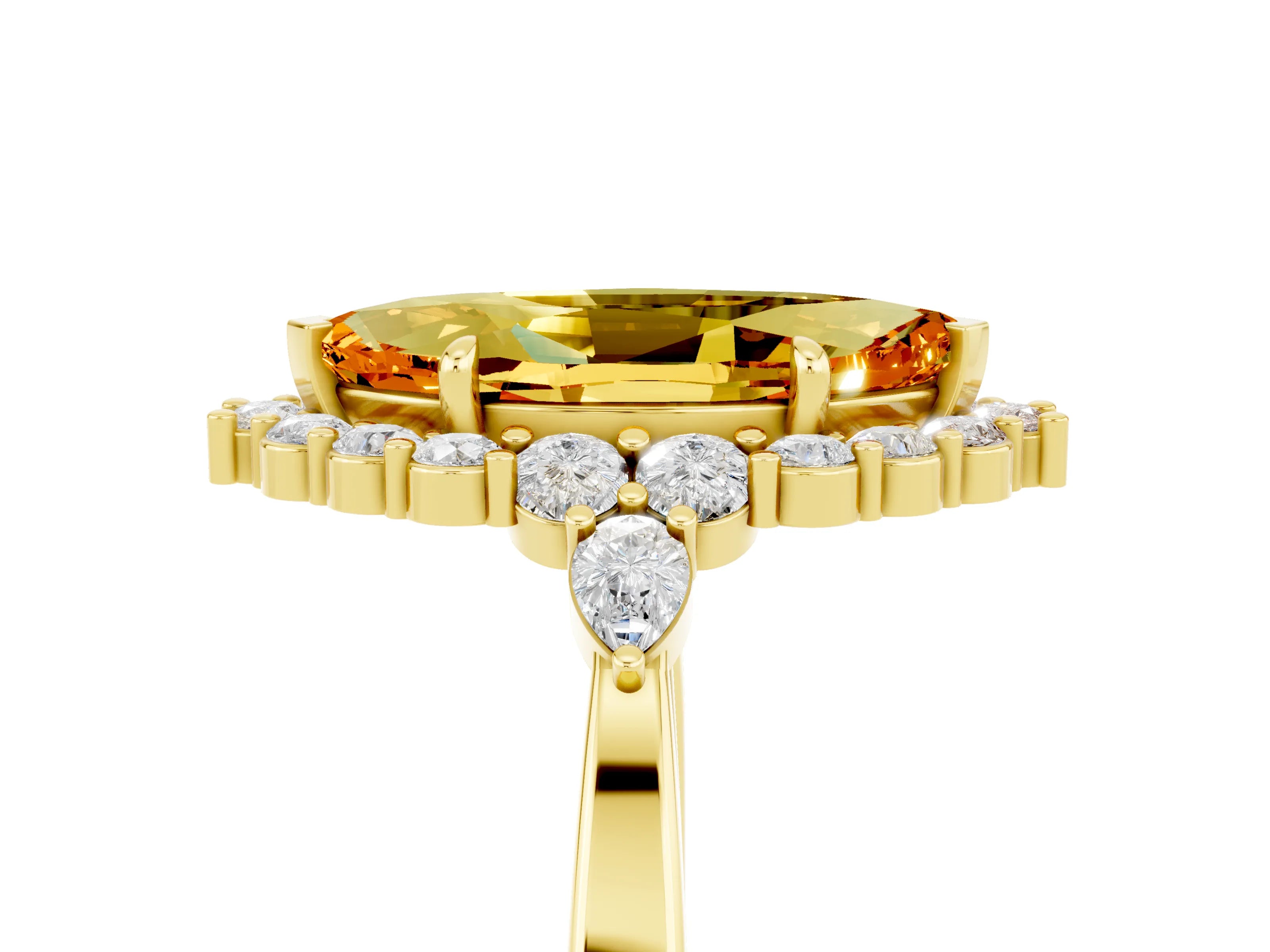 Yellow gold Marquise Cut Citrine Halo Ring with Pear Side Stones and Prong Setting_17