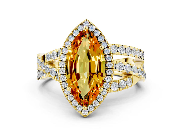 Yellow gold Marquise Cut Citrine Halo Ring with Round Split Shank and Prong Setting