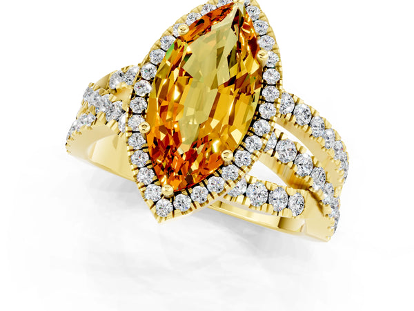 Yellow gold Marquise Cut Citrine Halo Ring with Round Split Shank and Prong Setting
