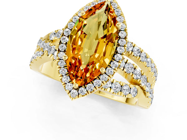 Yellow gold Marquise Cut Citrine Halo Ring with Round Split Shank and Prong Setting