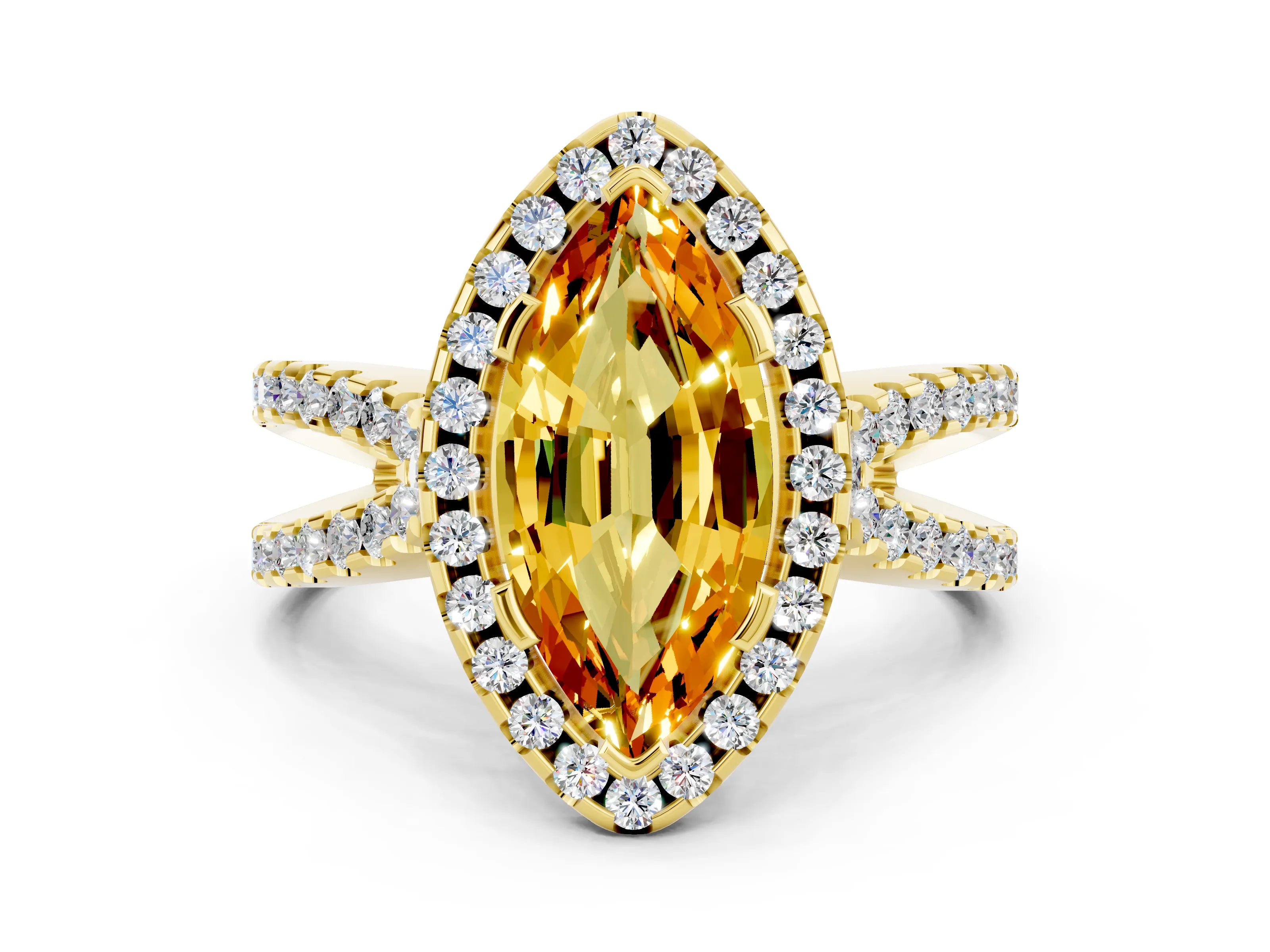 Yellow gold Marquise Cut Citrine Halo Ring with Split Shank Pavé Band and Prong Setting