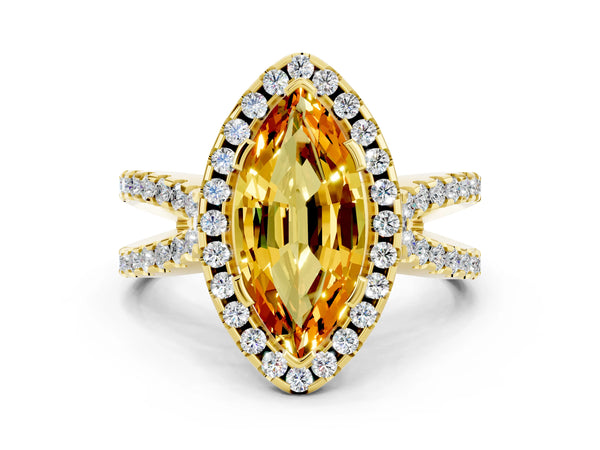 Yellow gold Marquise Cut Citrine Halo Ring with Split Shank Pavé Band and Prong Setting