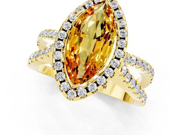 Yellow gold Marquise Cut Citrine Halo Ring with Split Shank Pavé Band and Prong Setting