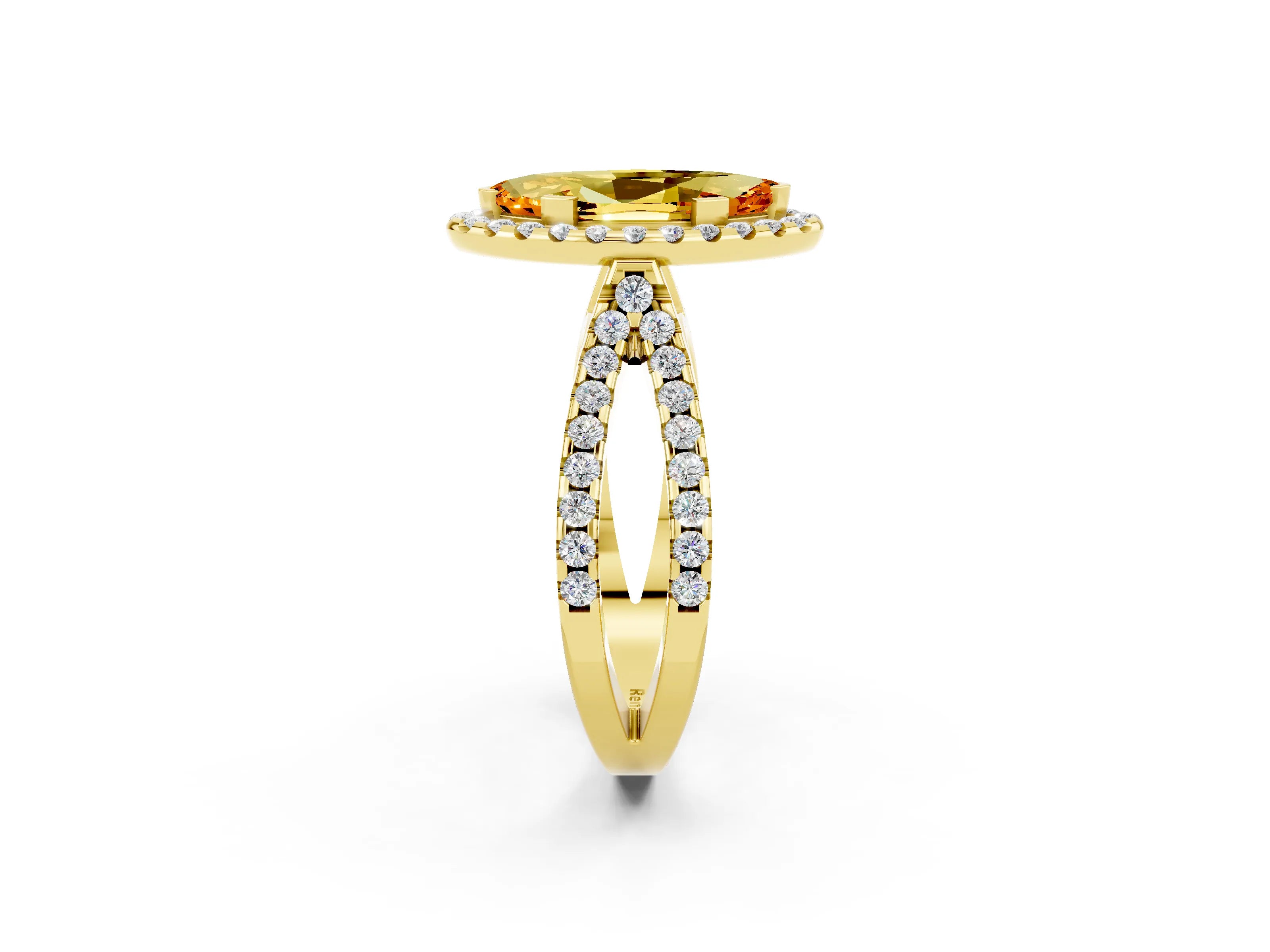 Yellow gold Marquise Cut Citrine Halo Ring with Split Shank Pavé Band and Prong Setting_2