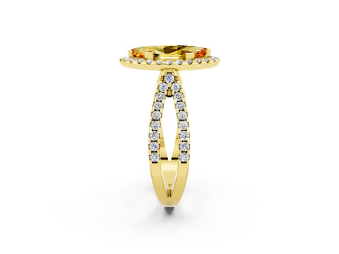 Yellow gold Marquise Cut Citrine Halo Ring with Split Shank Pavé Band and Prong Setting_2