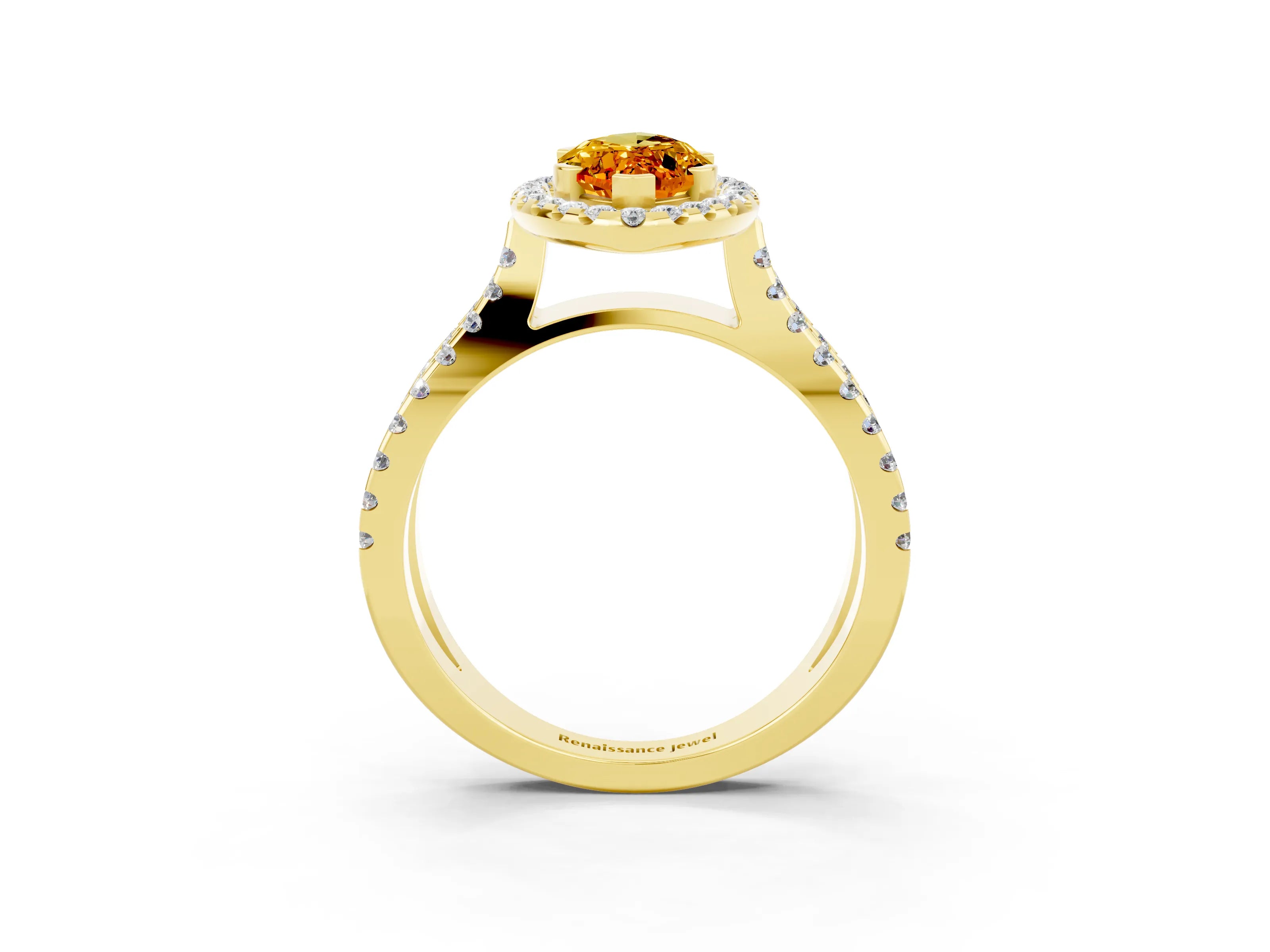 Yellow gold Marquise Cut Citrine Halo Ring with Split Shank Pavé Band and Prong Setting_3