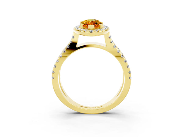Yellow gold Marquise Cut Citrine Halo Ring with Split Shank Pavé Band and Prong Setting