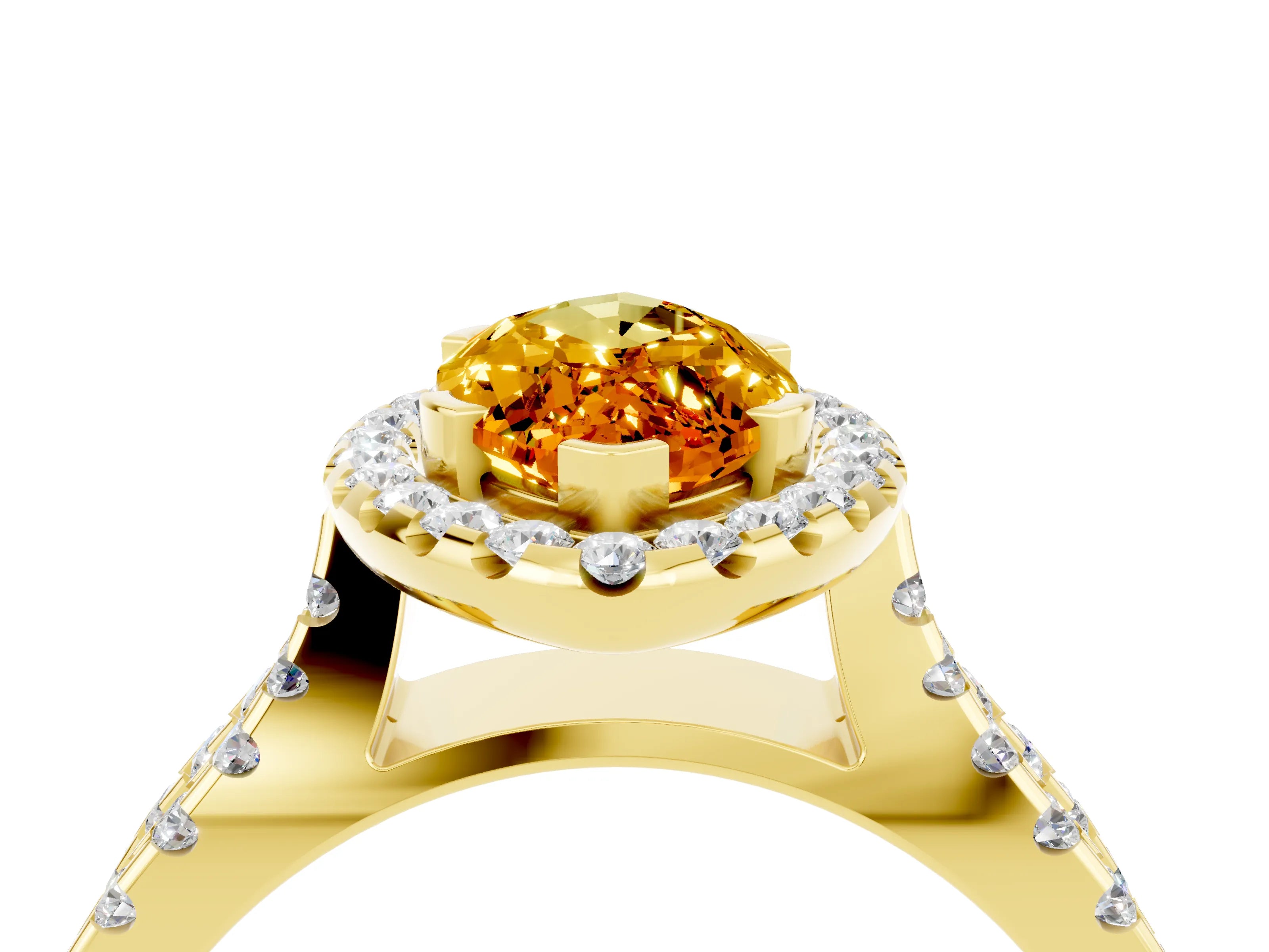 Yellow gold Marquise Cut Citrine Halo Ring with Split Shank Pavé Band and Prong Setting_4