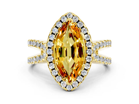 Yellow gold Marquise Cut Citrine Halo Ring with Split Shank Pavé Band and Prong Setting