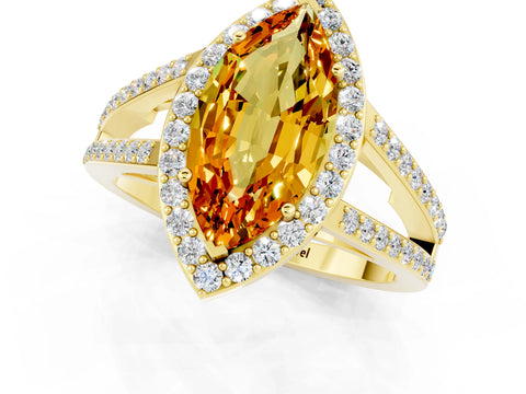 Yellow gold Marquise Cut Citrine Halo Ring with Split Shank U-Prong Band and Four-Prong Setting_1