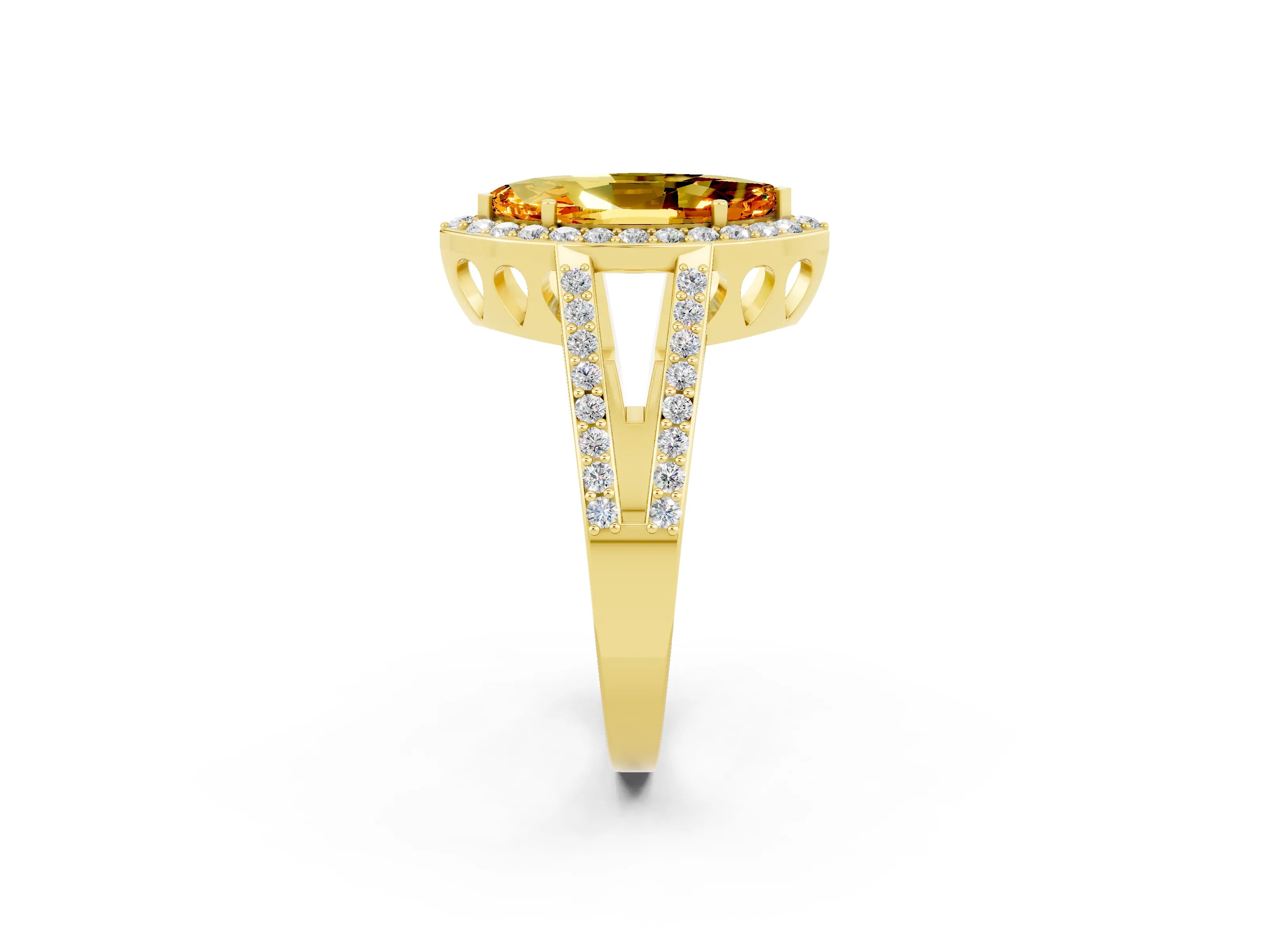 Yellow gold Marquise Cut Citrine Halo Ring with Split Shank U-Prong Band and Four-Prong Setting_2
