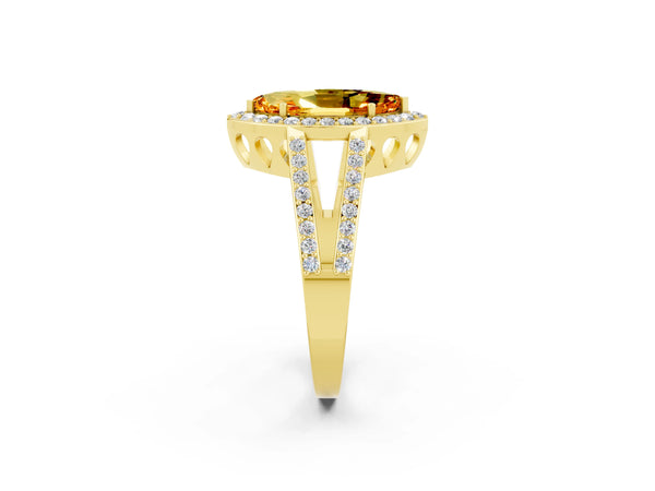 Yellow gold Marquise Cut Citrine Halo Ring with Split Shank U-Prong Band and Four-Prong Setting