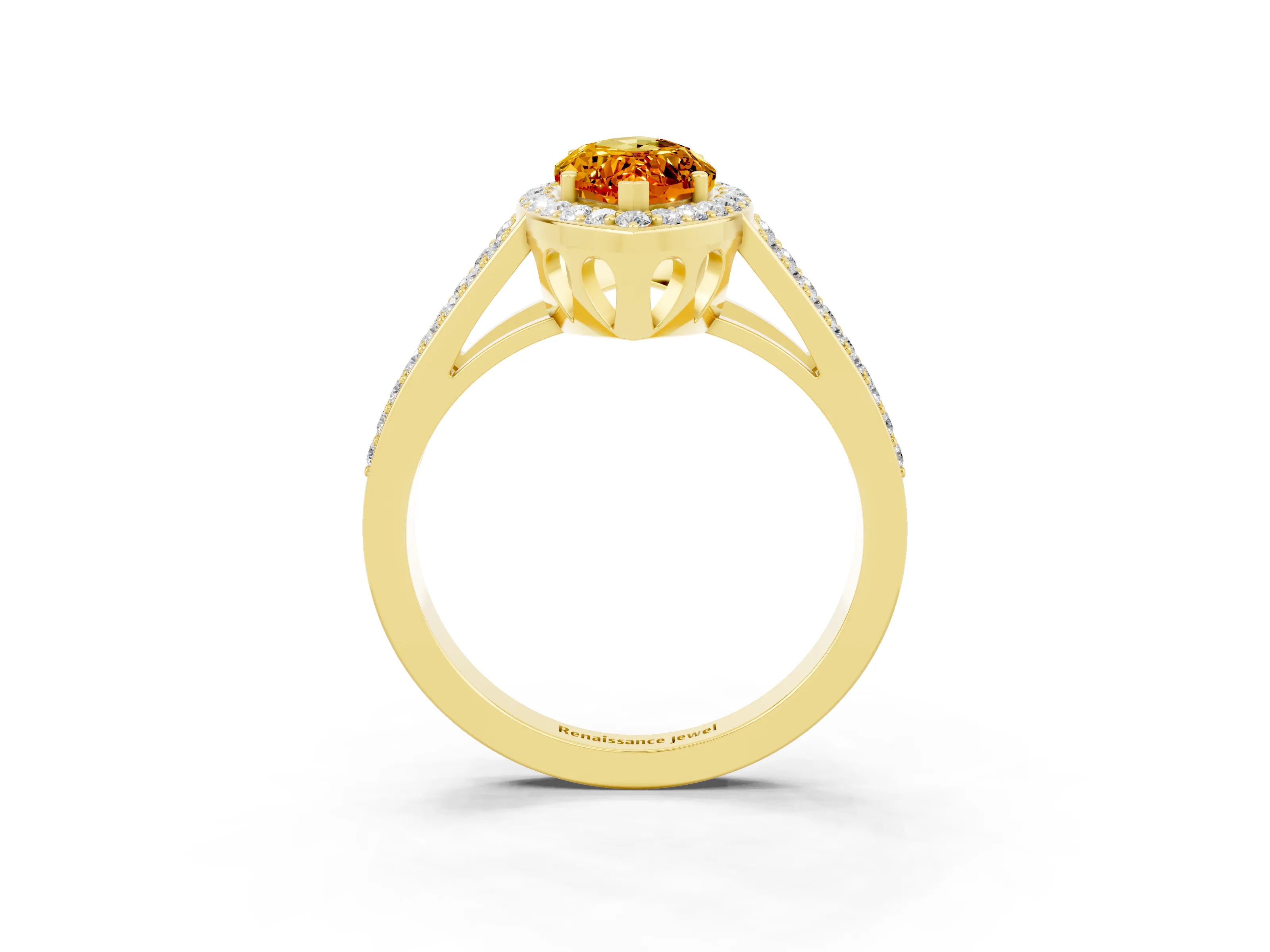 Yellow gold Marquise Cut Citrine Halo Ring with Split Shank U-Prong Band and Four-Prong Setting_3