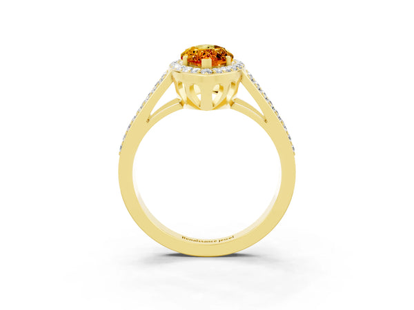 Yellow gold Marquise Cut Citrine Halo Ring with Split Shank U-Prong Band and Four-Prong Setting