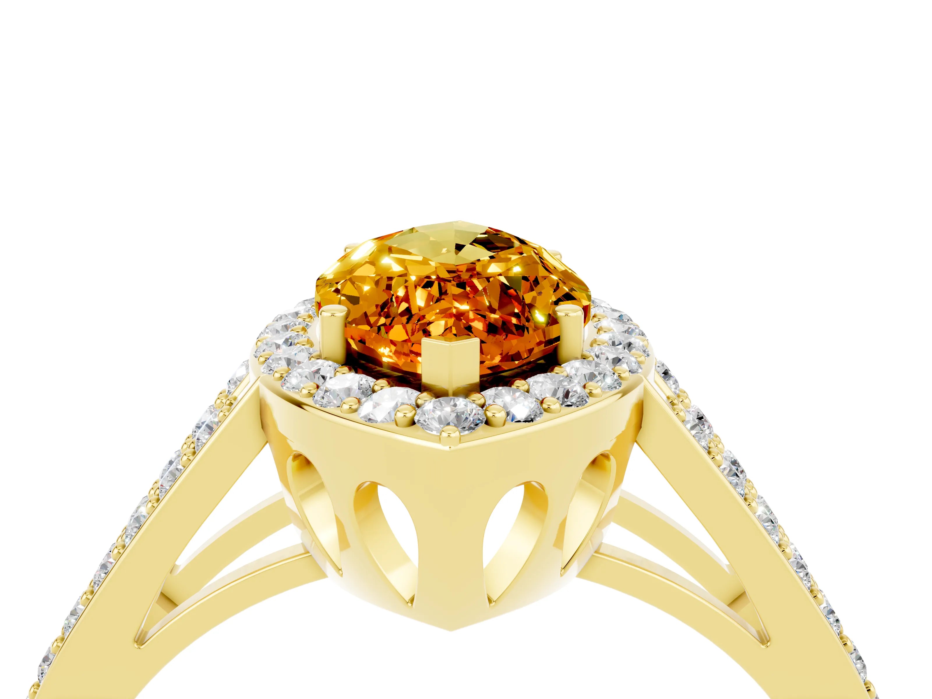 Yellow gold Marquise Cut Citrine Halo Ring with Split Shank U-Prong Band and Four-Prong Setting_4