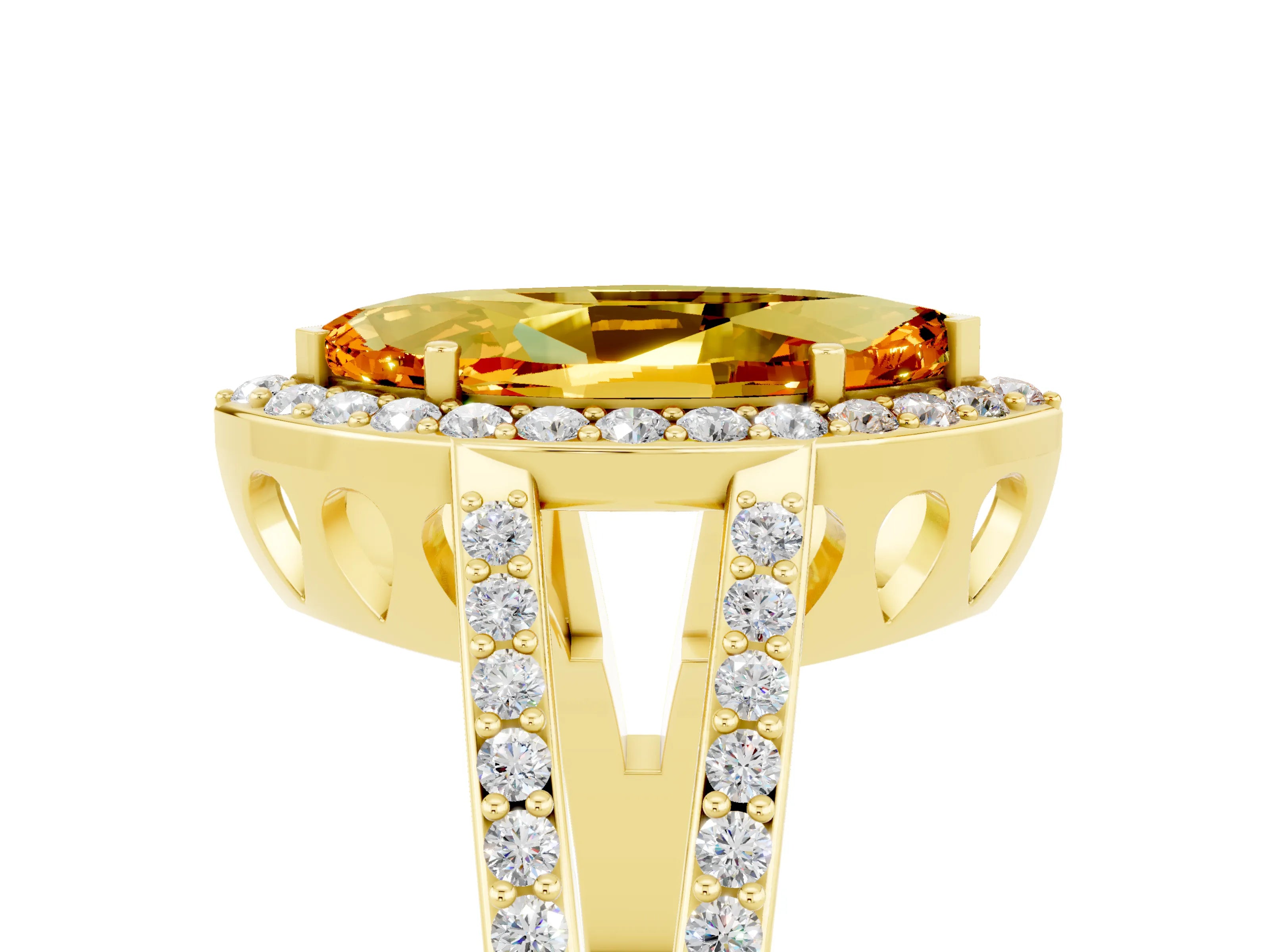 Yellow gold Marquise Cut Citrine Halo Ring with Split Shank U-Prong Band and Four-Prong Setting_5