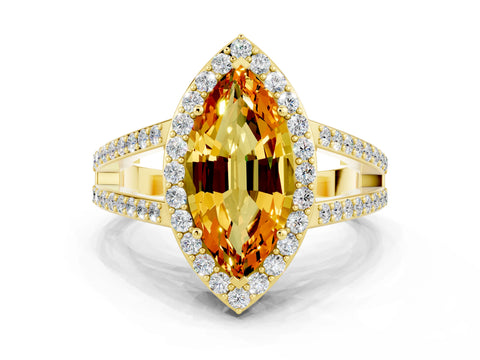 Yellow gold Marquise Cut Citrine Halo Ring with Split Shank U-Prong Band and Four-Prong Setting
