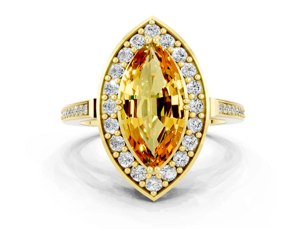 Yellow gold Marquise Cut Citrine Halo Ring with Split Shank and Four-Prong Setting