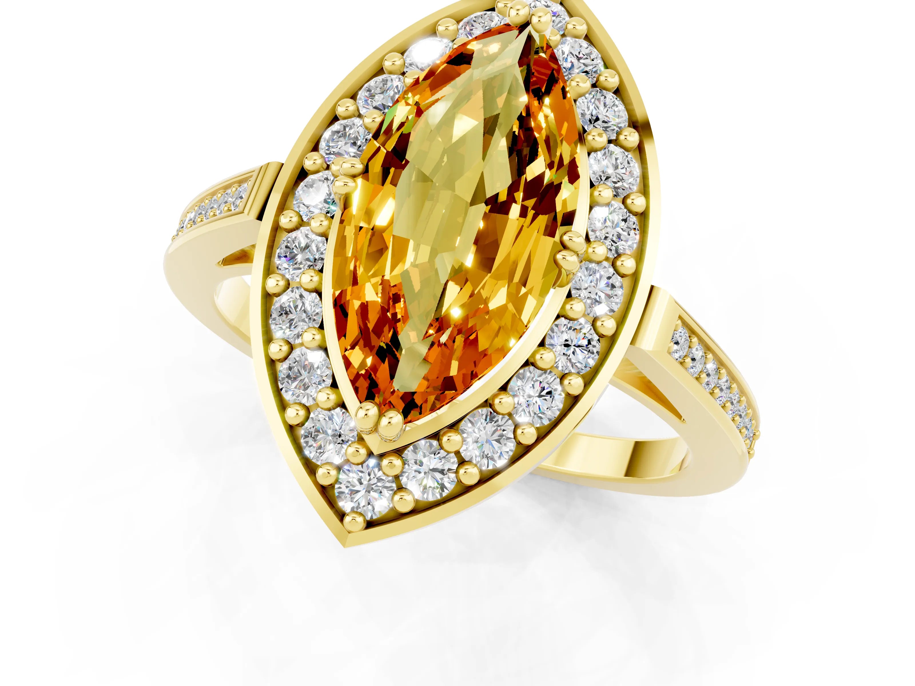 Yellow gold Marquise Cut Citrine Halo Ring with Split Shank and Four-Prong Setting_1