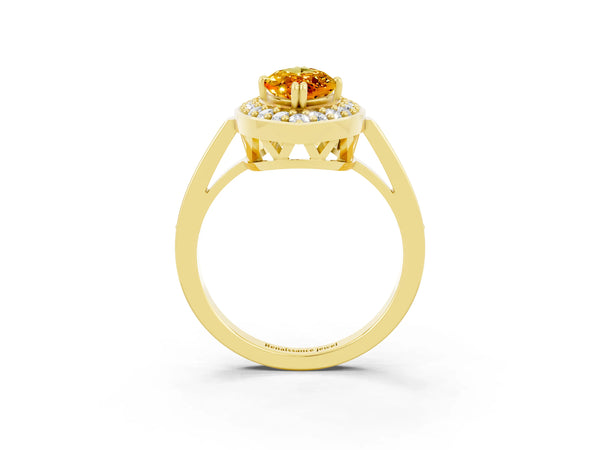 Yellow gold Marquise Cut Citrine Halo Ring with Split Shank and Four-Prong Setting