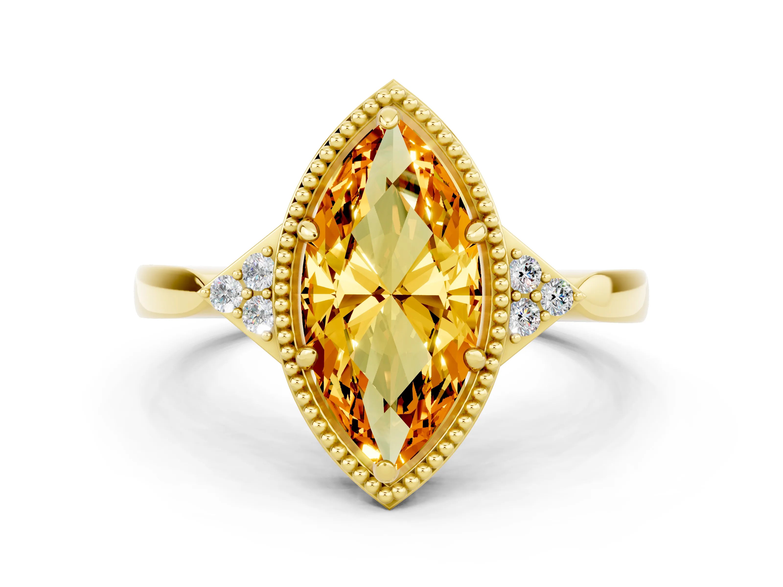 Yellow gold Marquise Cut Citrine Halo Ring with Tapered Band and Four-Prong Setting