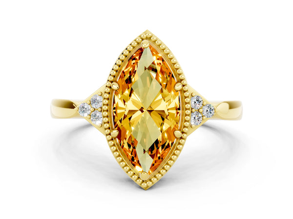 Yellow gold Marquise Cut Citrine Halo Ring with Tapered Band and Four-Prong Setting
