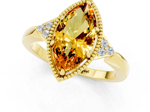 Yellow gold Marquise Cut Citrine Halo Ring with Tapered Band and Four-Prong Setting_1