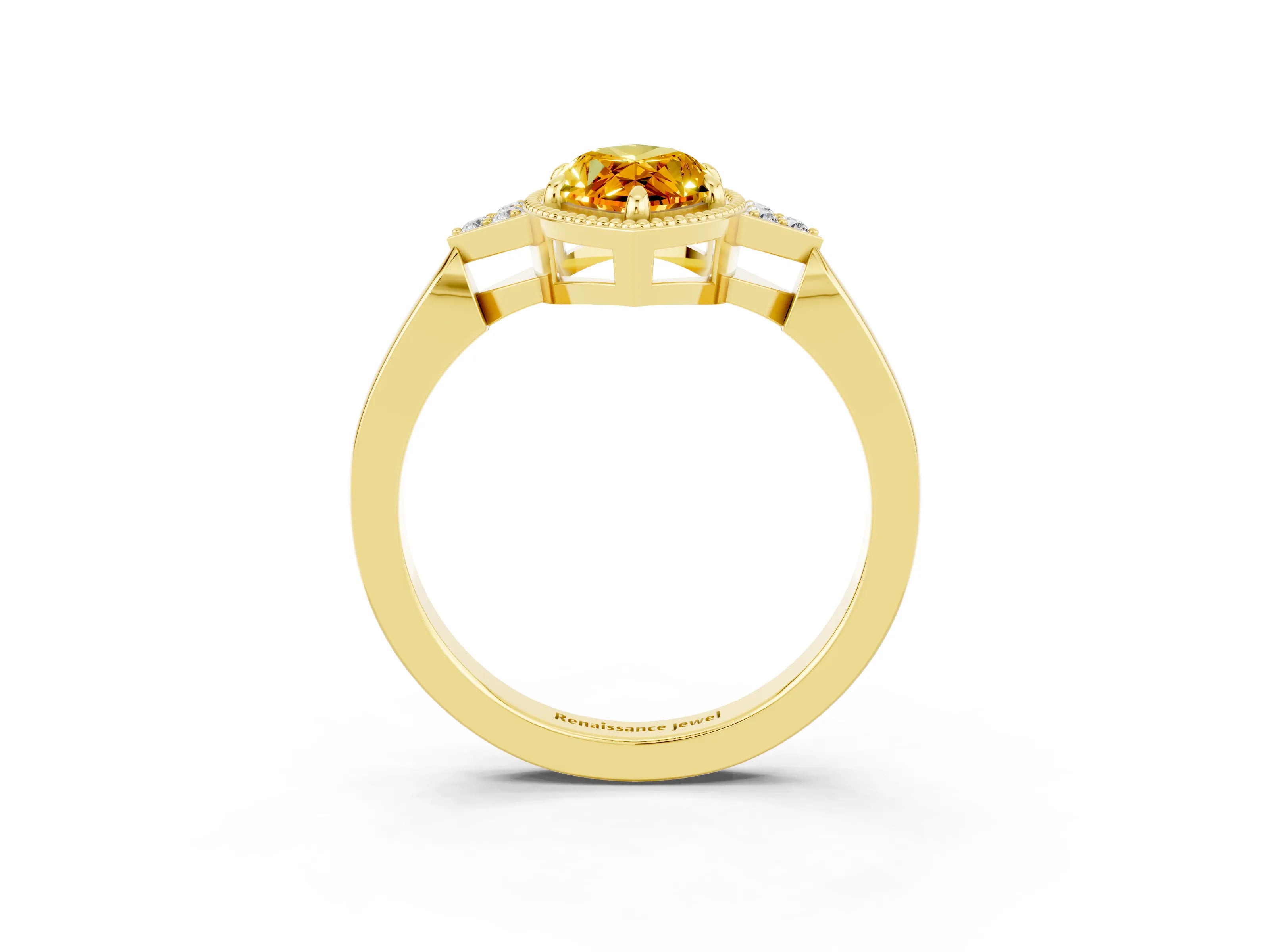 Yellow gold Marquise Cut Citrine Halo Ring with Tapered Band and Four-Prong Setting_3