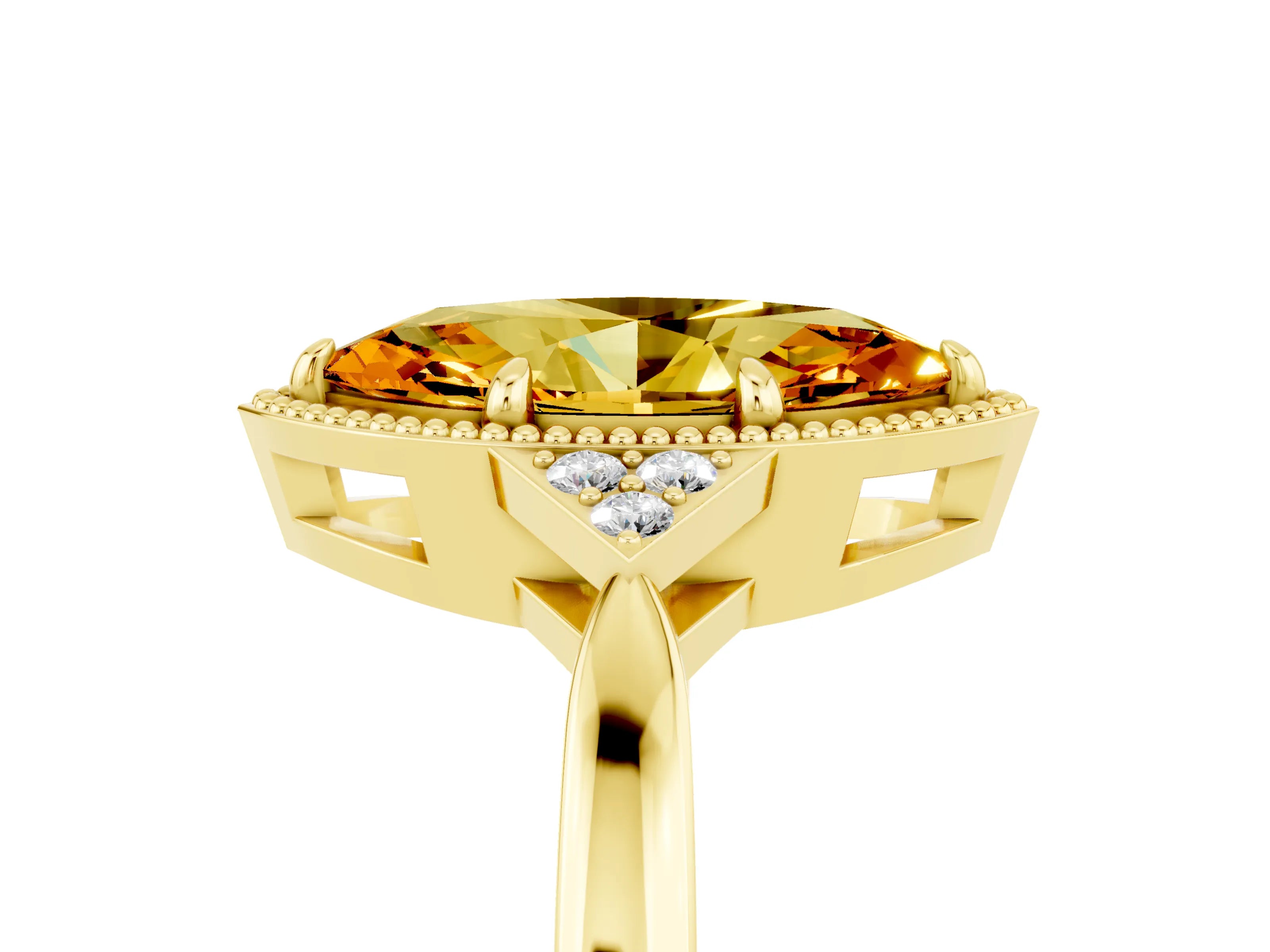 Yellow gold Marquise Cut Citrine Halo Ring with Tapered Band and Four-Prong Setting_5