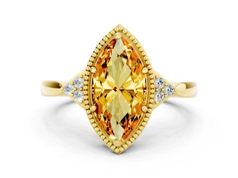 Yellow gold Marquise Cut Citrine Halo Ring with Tapered Band and Four-Prong Setting