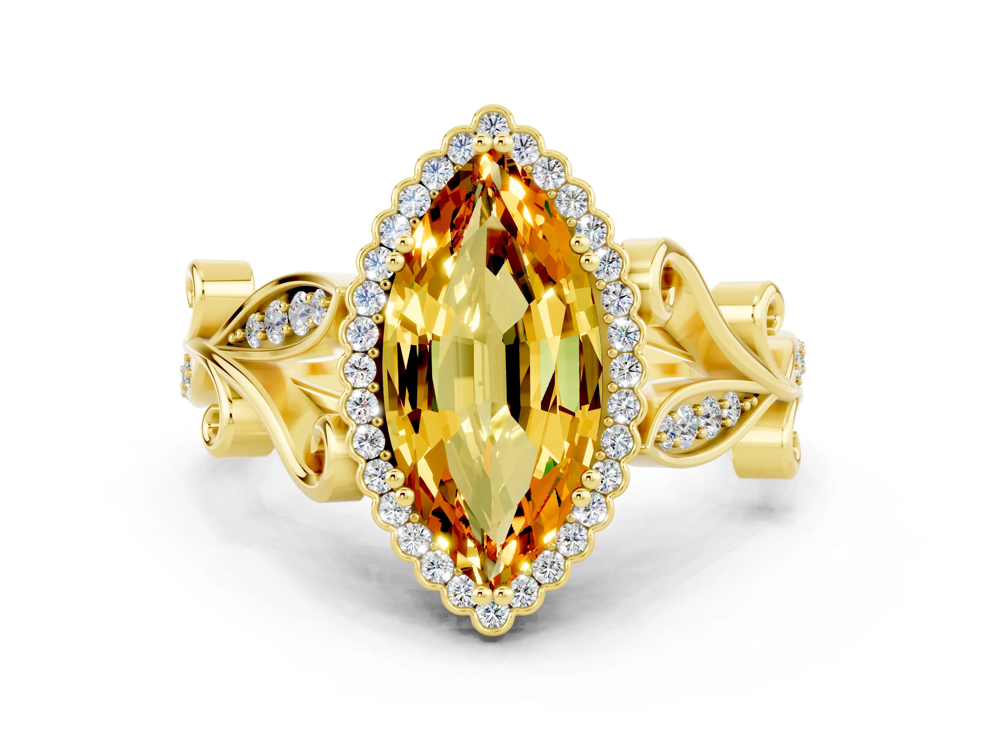 Yellow gold Marquise Cut Citrine Halo Ring with Vintage Split Shank and Four-Prong Setting