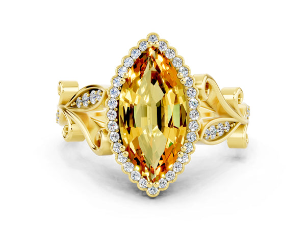 Yellow gold Marquise Cut Citrine Halo Ring with Vintage Split Shank and Four-Prong Setting