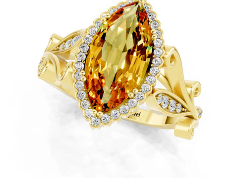 Yellow gold Marquise Cut Citrine Halo Ring with Vintage Split Shank and Four-Prong Setting_1