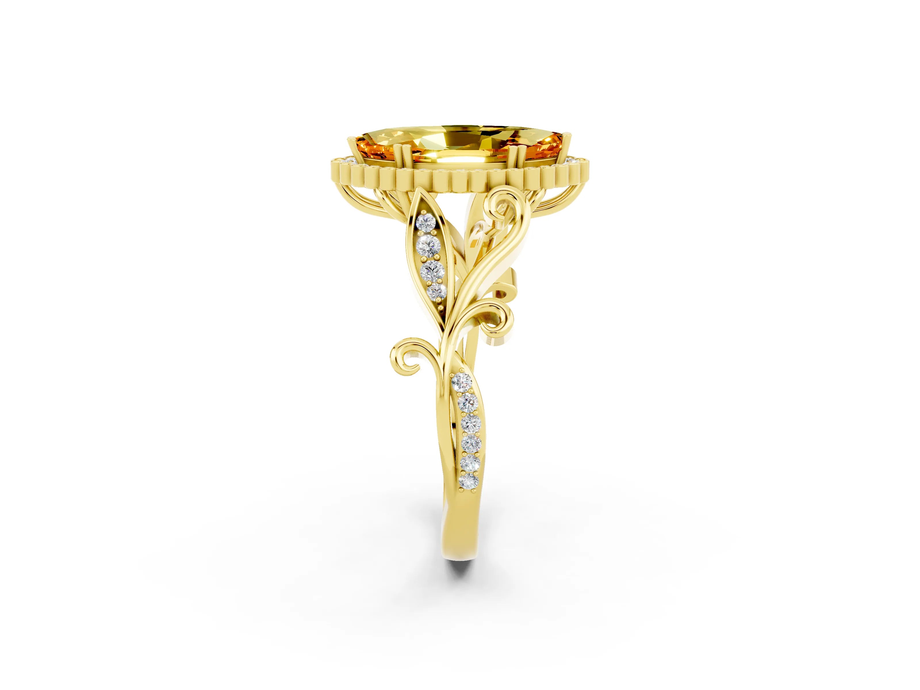 Yellow gold Marquise Cut Citrine Halo Ring with Vintage Split Shank and Four-Prong Setting_2
